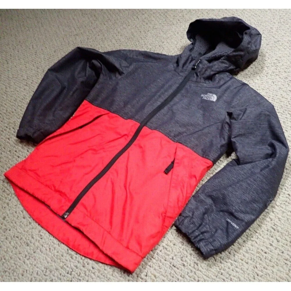 The North Face DryVent Jacket Boys 7/8 Grey Red Good Hooded Fleece‎ Lined Zip